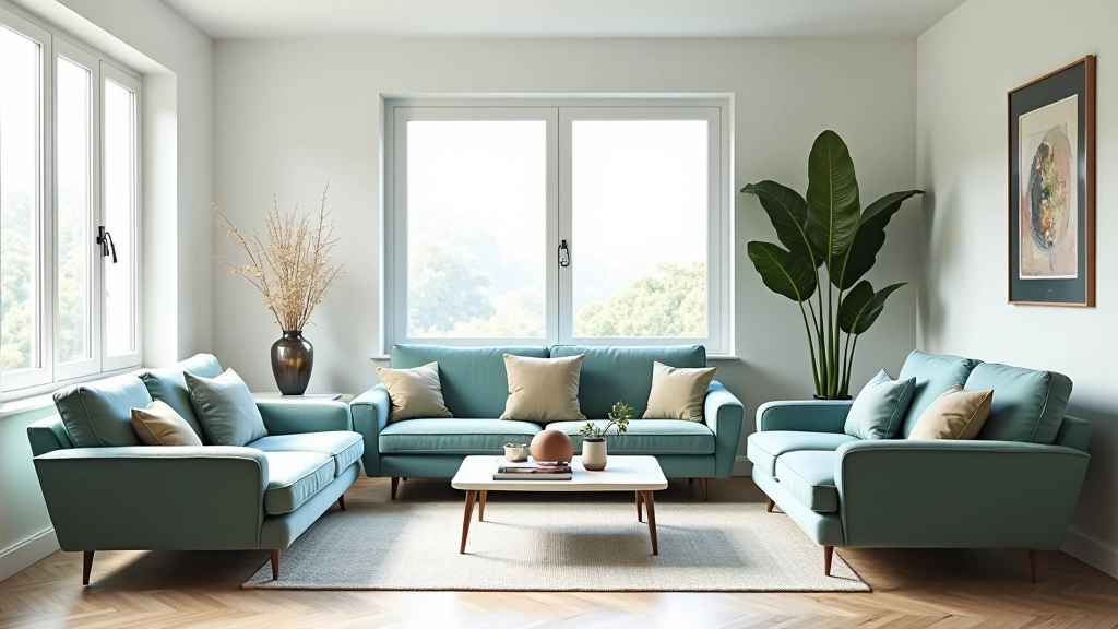Sala living con proporzionate scelte di arredamento, equilibrio tra elementi retrò e moderni, spazi vuoti strategici
