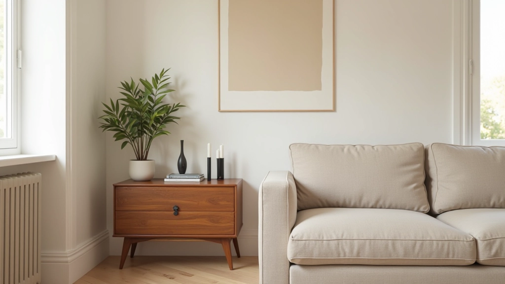 Dettaglio di una stanza con mix di stili, tavolino retrò accanto a elemento design contemporaneo, colori coordinati