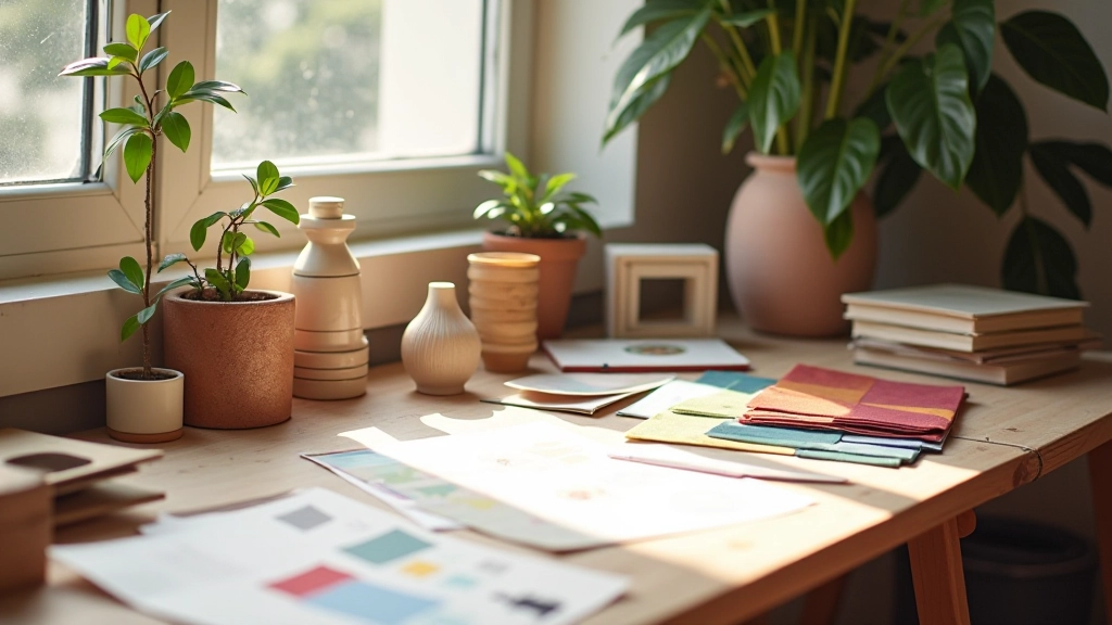 Studio di design con campionari di colori vintage, tessuti retrò, schizzi di arredamento e riferimenti di mobili italiani