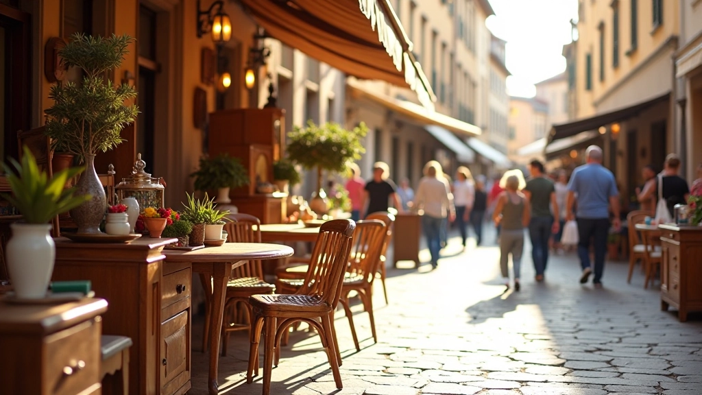 Veduta di un mercato antiquario italiano con esposizione di mobili retrò