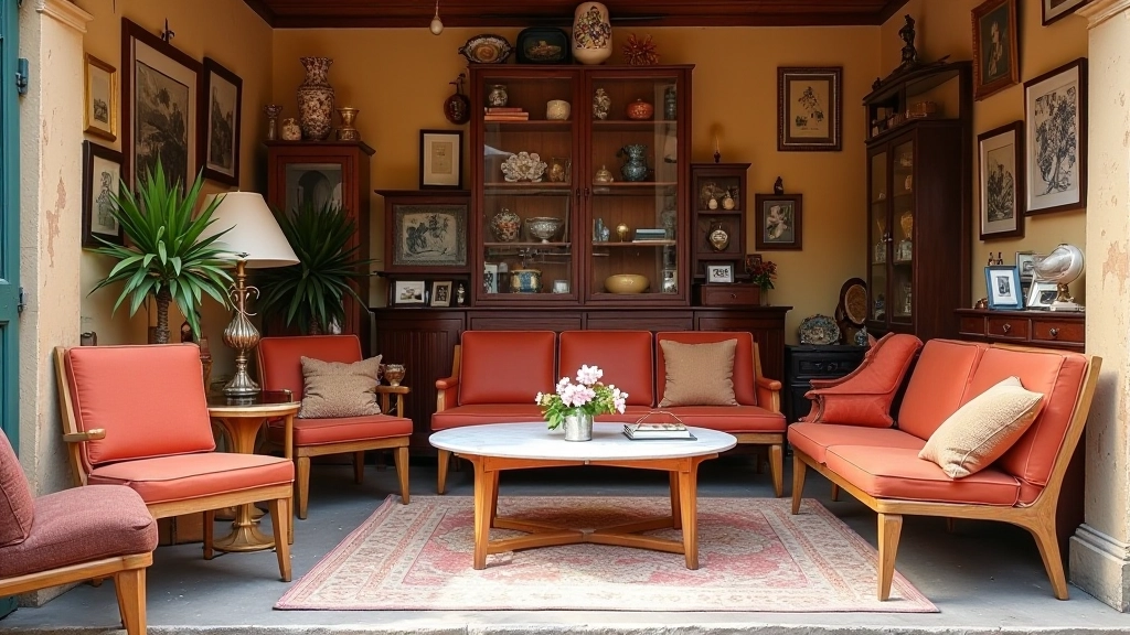Italian antique market stall with vintage furniture and collectible design pieces