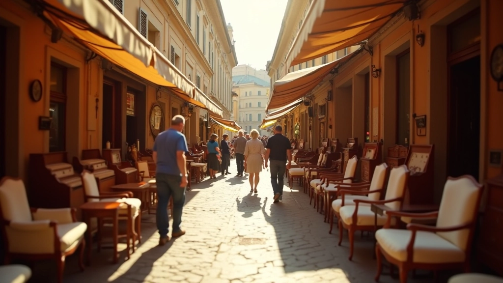 Mercato dell'antiquariato italiano con banchi di mobili vintage, persone che osservano i pezzi, atmosfera di ricerca e scoperta