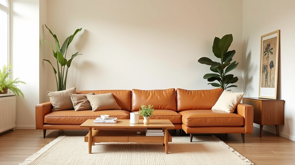 Mid-century Italian furniture in a bright living room with vintage leather sofa and wooden coffee table
