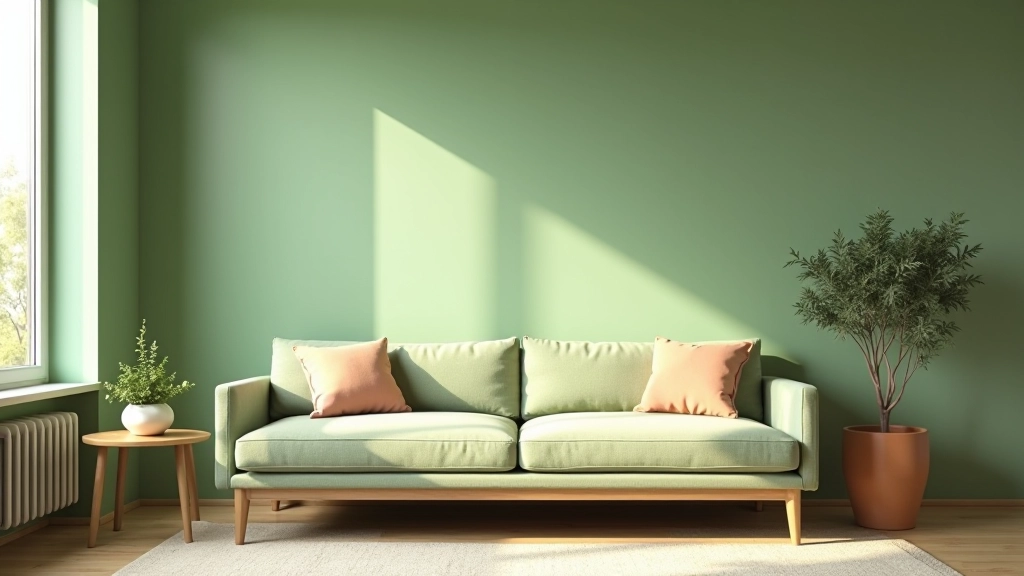 Salotto contemporaneo con parete in verde salvia, divano moderno, e oggetti vintage selezionati