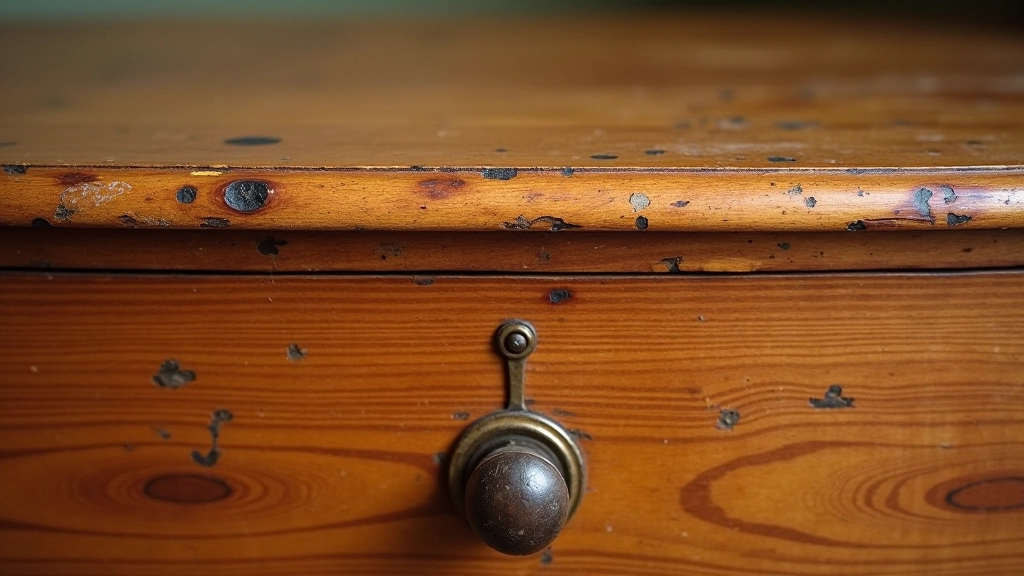 Dettaglio di usura naturale su superficie di legno antico, patina e segni di invecchiamento genuino su mobile vintage