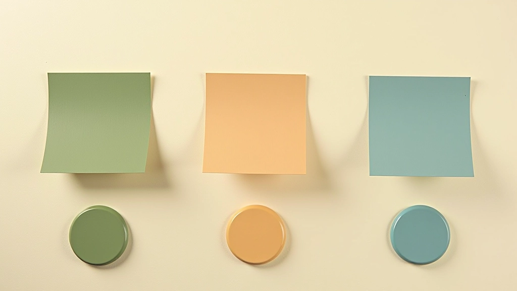 Palette di colori retrò con tonalità di verde salvia, rosa polvere, giallo ocra e blu petrolio su sfondo neutro