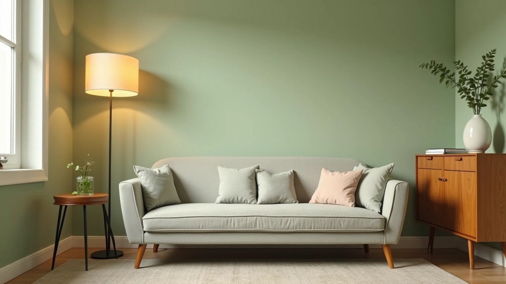 Interno vintage con divano grigio tortora, pareti in tonalità salvia e decorazioni retrò