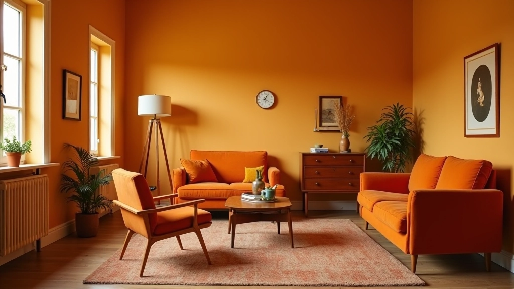 Interni vintage italiano con mobili retrò, pareti in tonalità calde, decorazioni degli anni '50 e '60
