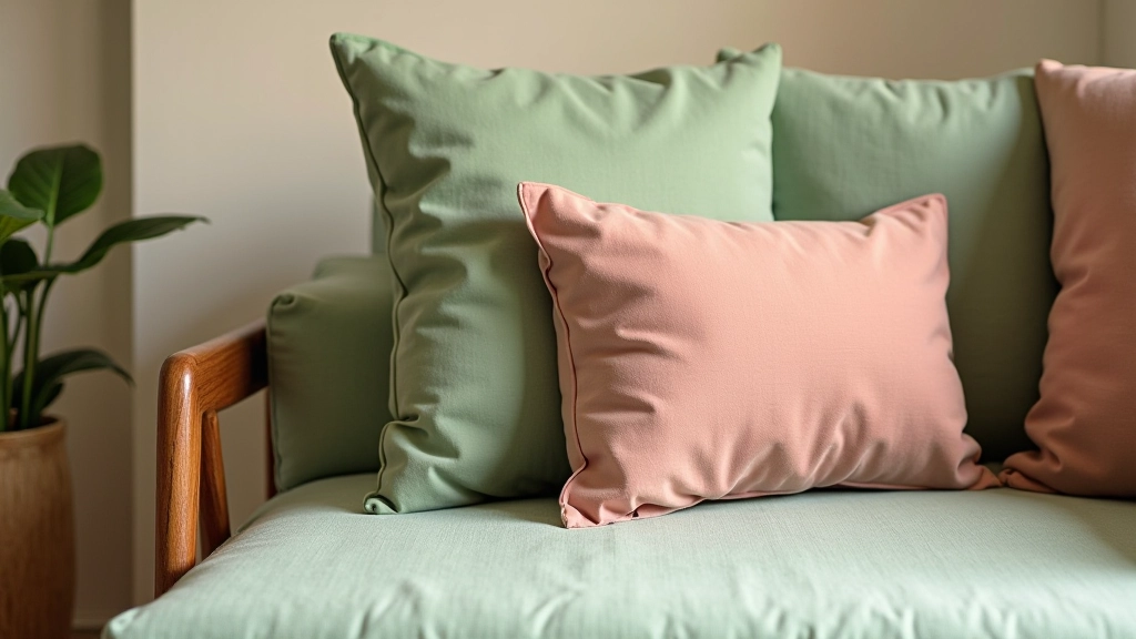 Dettaglio di cuscini vintage in verde salvia e rosa polvere su divano grigio tortora in legno di teak